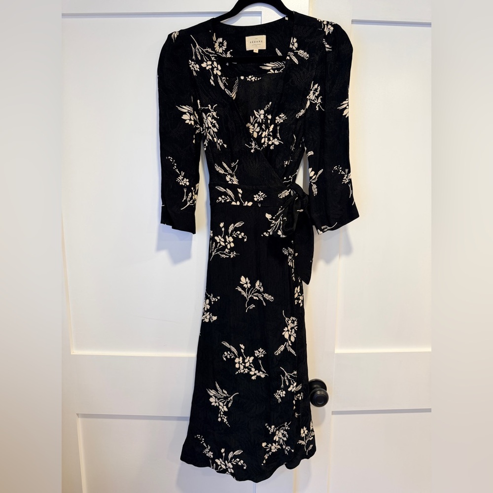 Sezane Black and Cream Floral Midi Wrap Dress